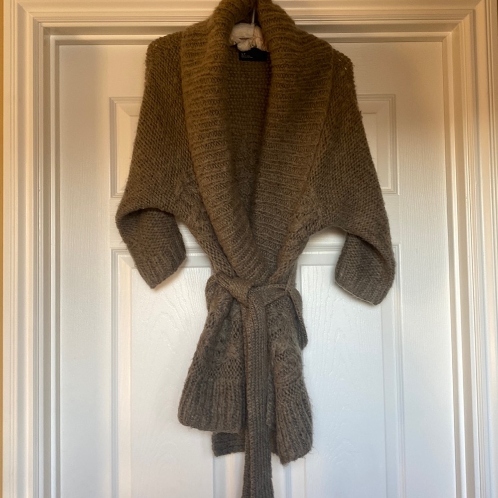 Chunky belted brown sweater. Three quarter length sleeves. Size small